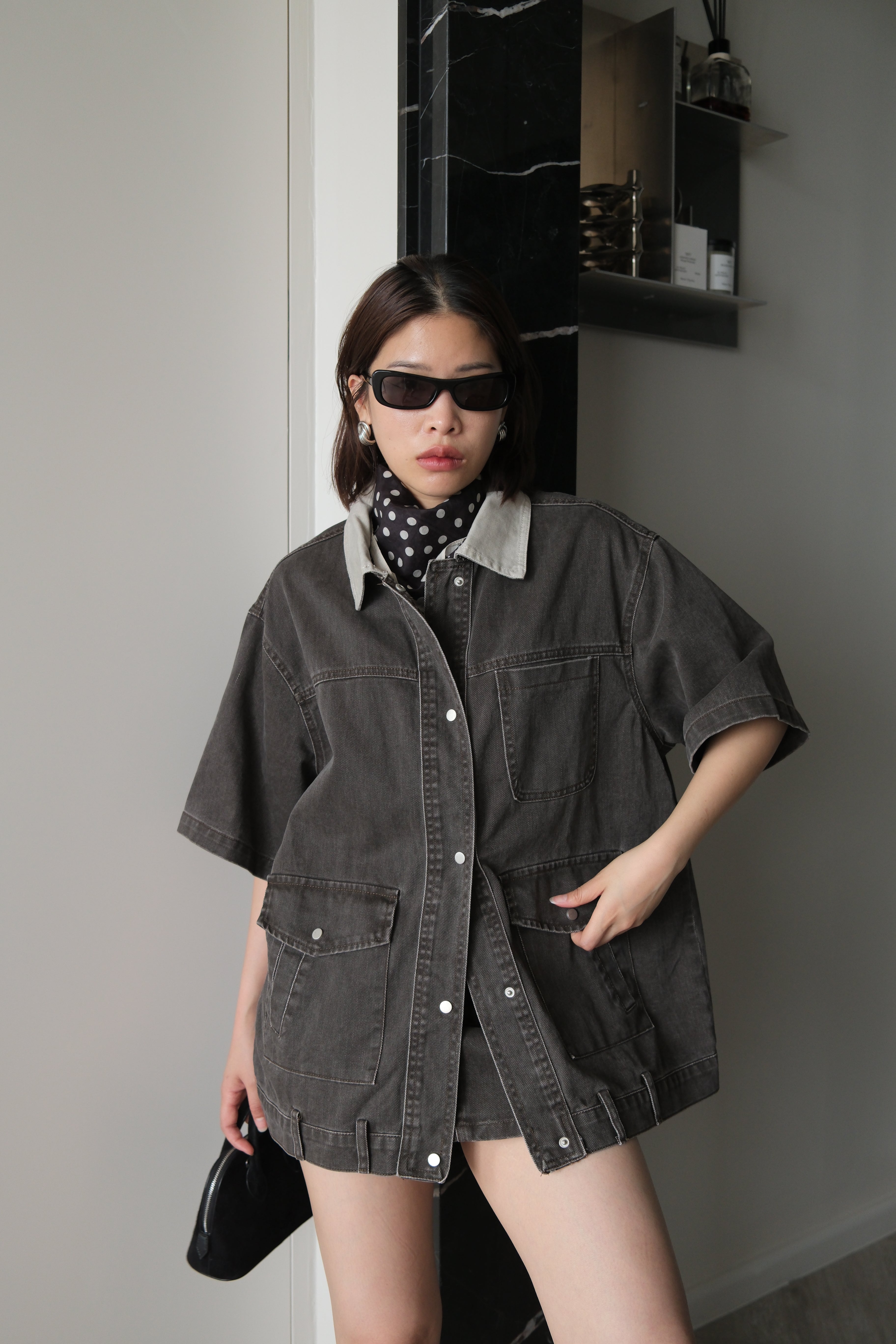 Belt loop short sleeve denim barn jacket