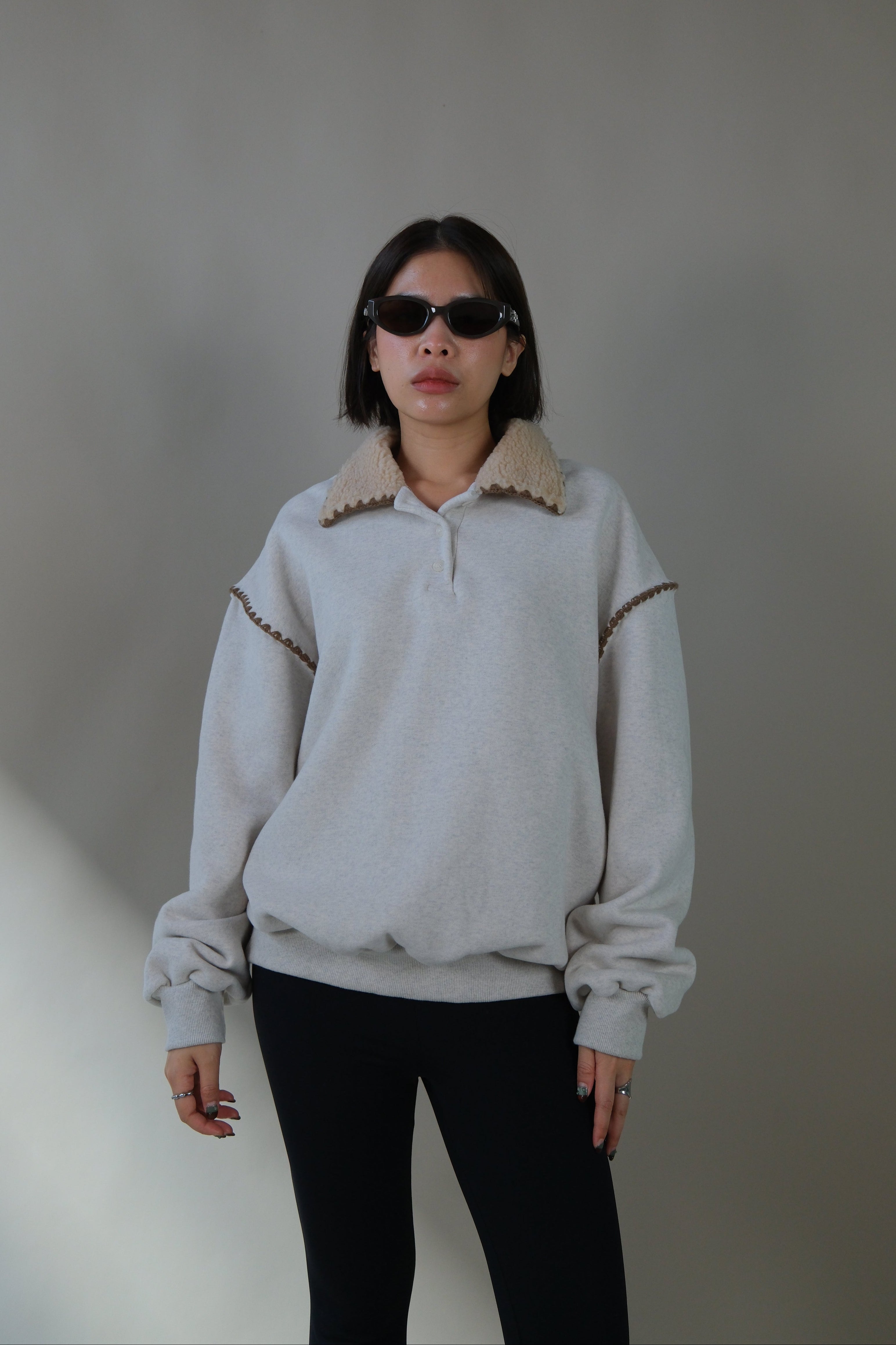 Fleece collar polo sweater