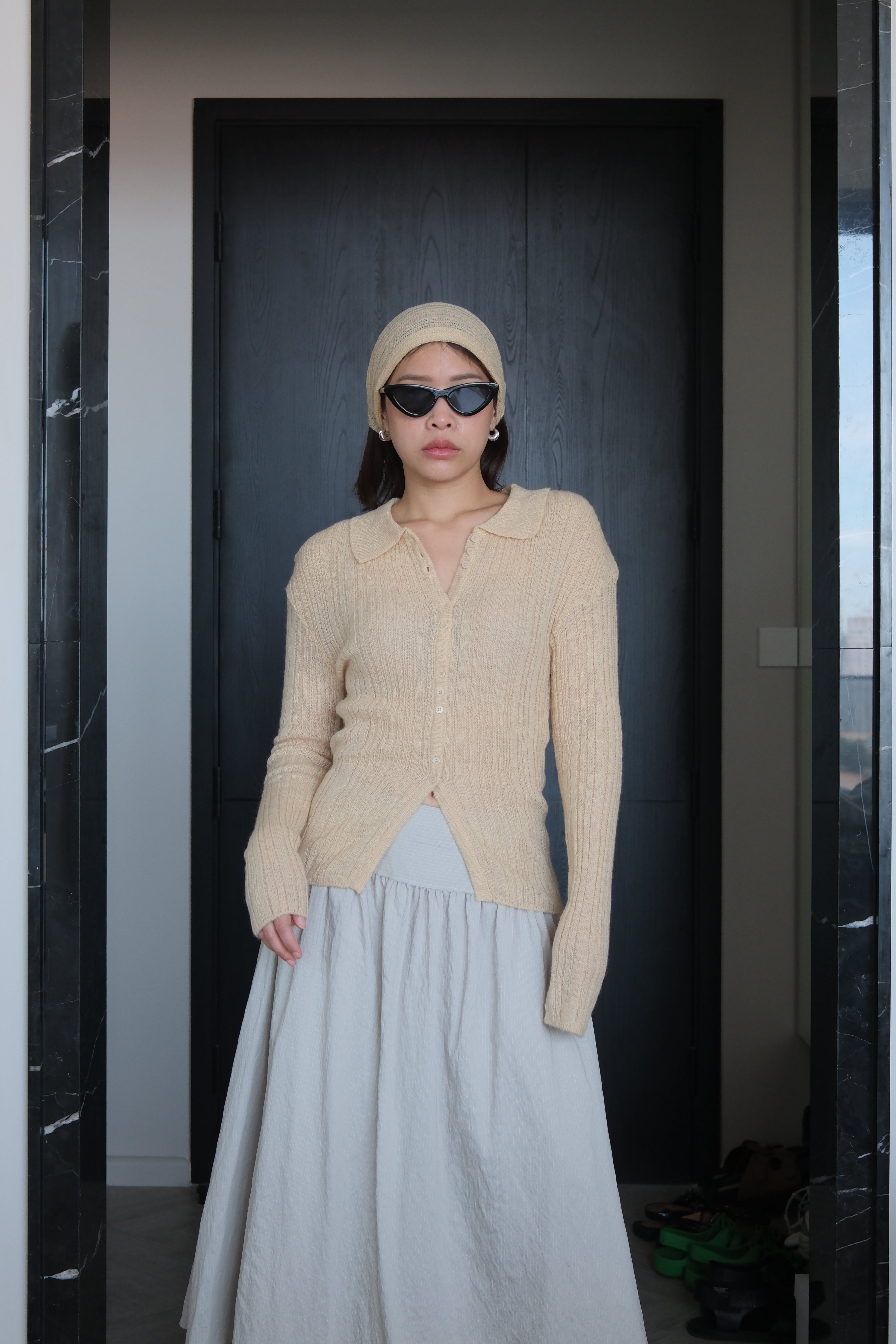 Fluffy cardigan with triangle scarf set