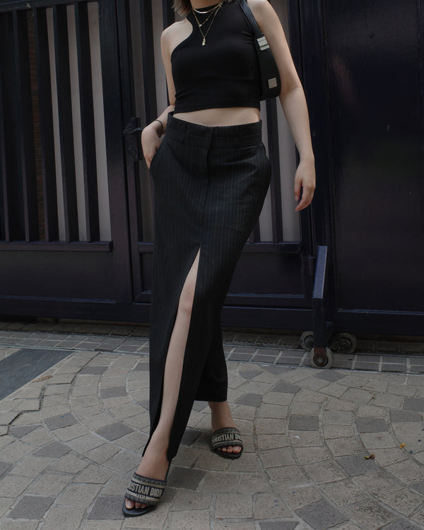 double waistband front split pencil skirt