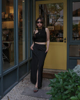 double waistband front split pencil skirt