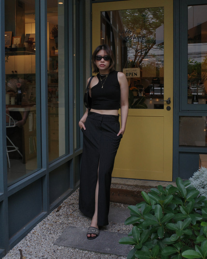 double waistband front split pencil skirt