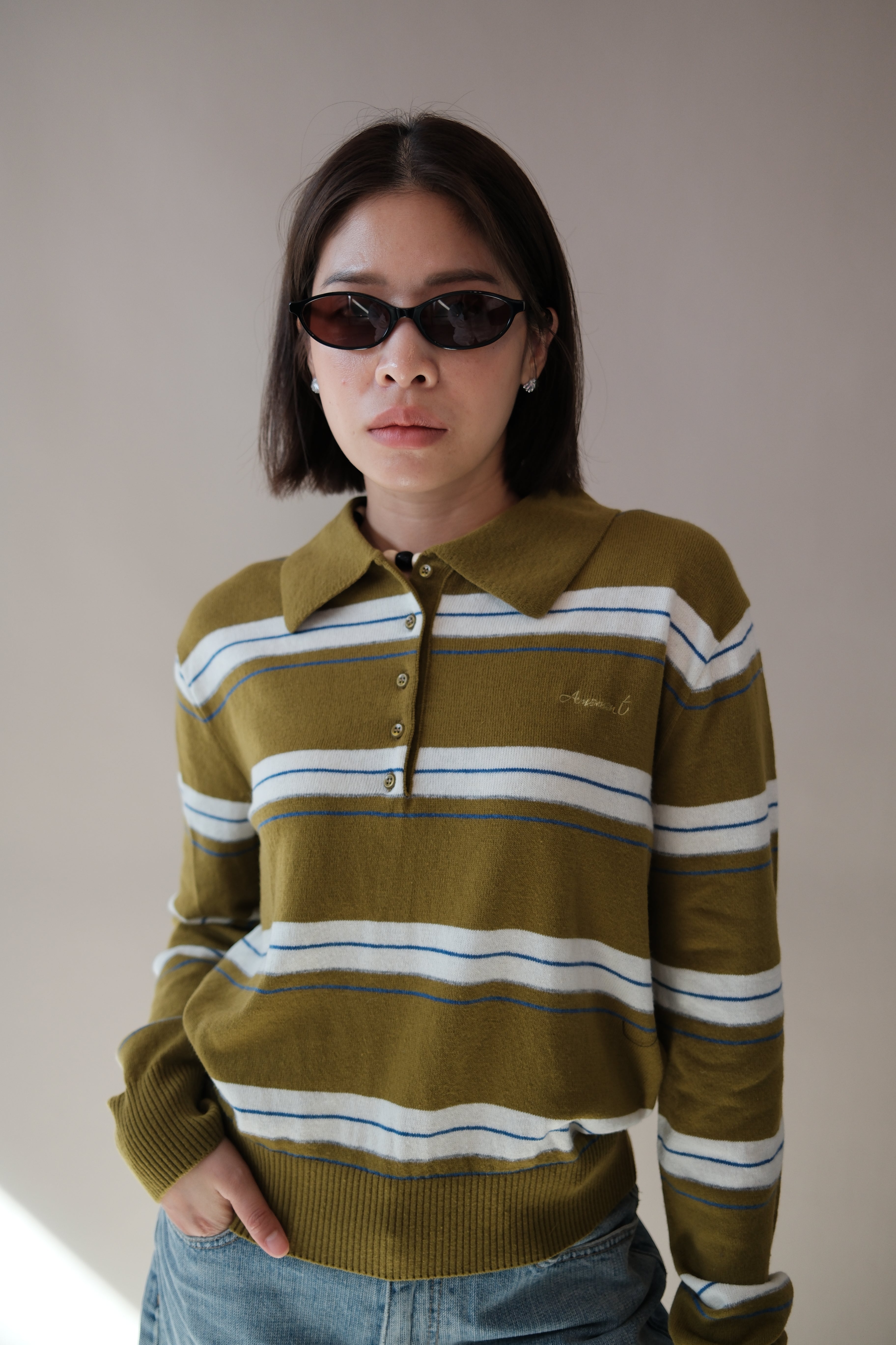 Miu stripe polo crop sweatshirt