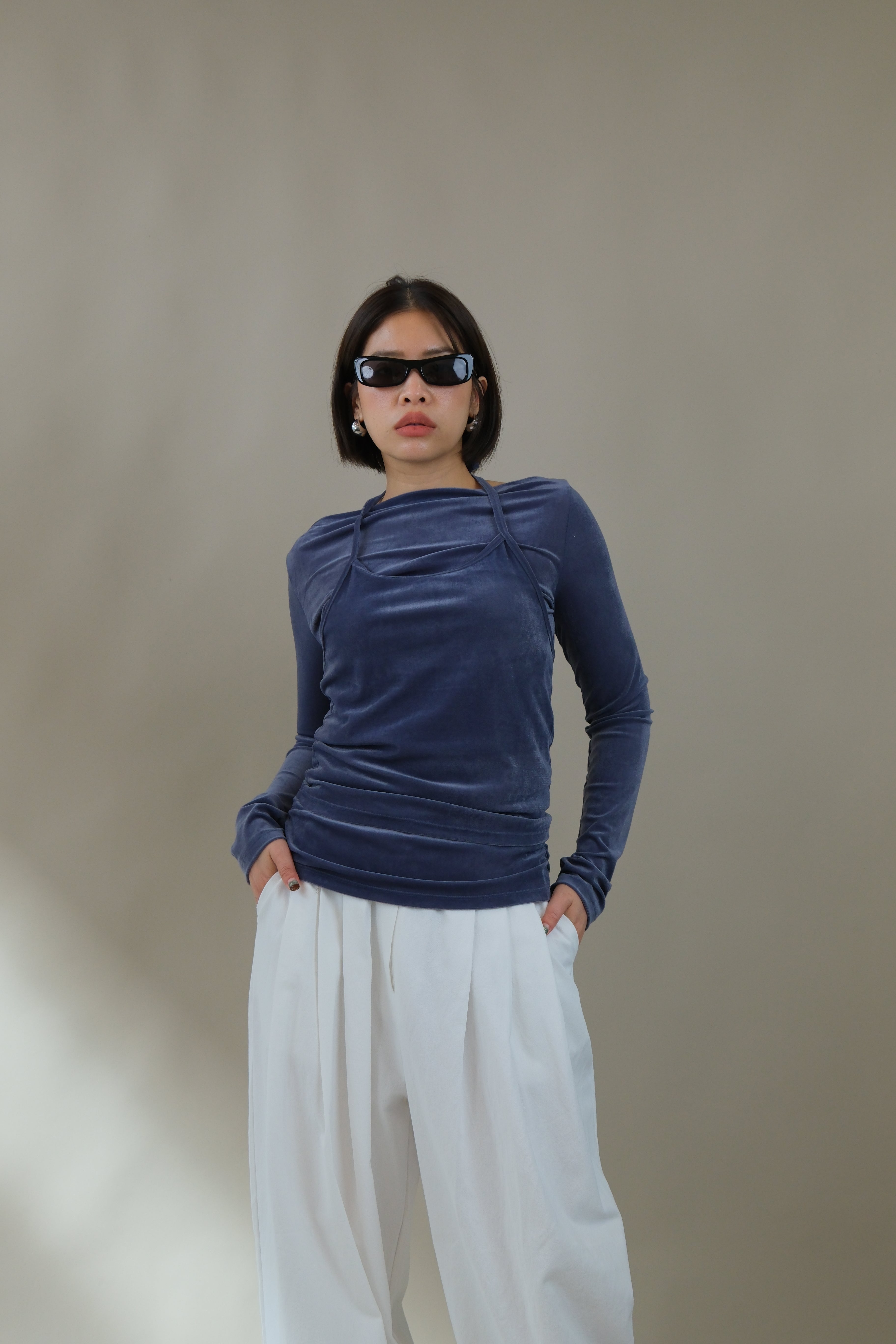 boat neck velvet long-sleeve tee (halter top set)