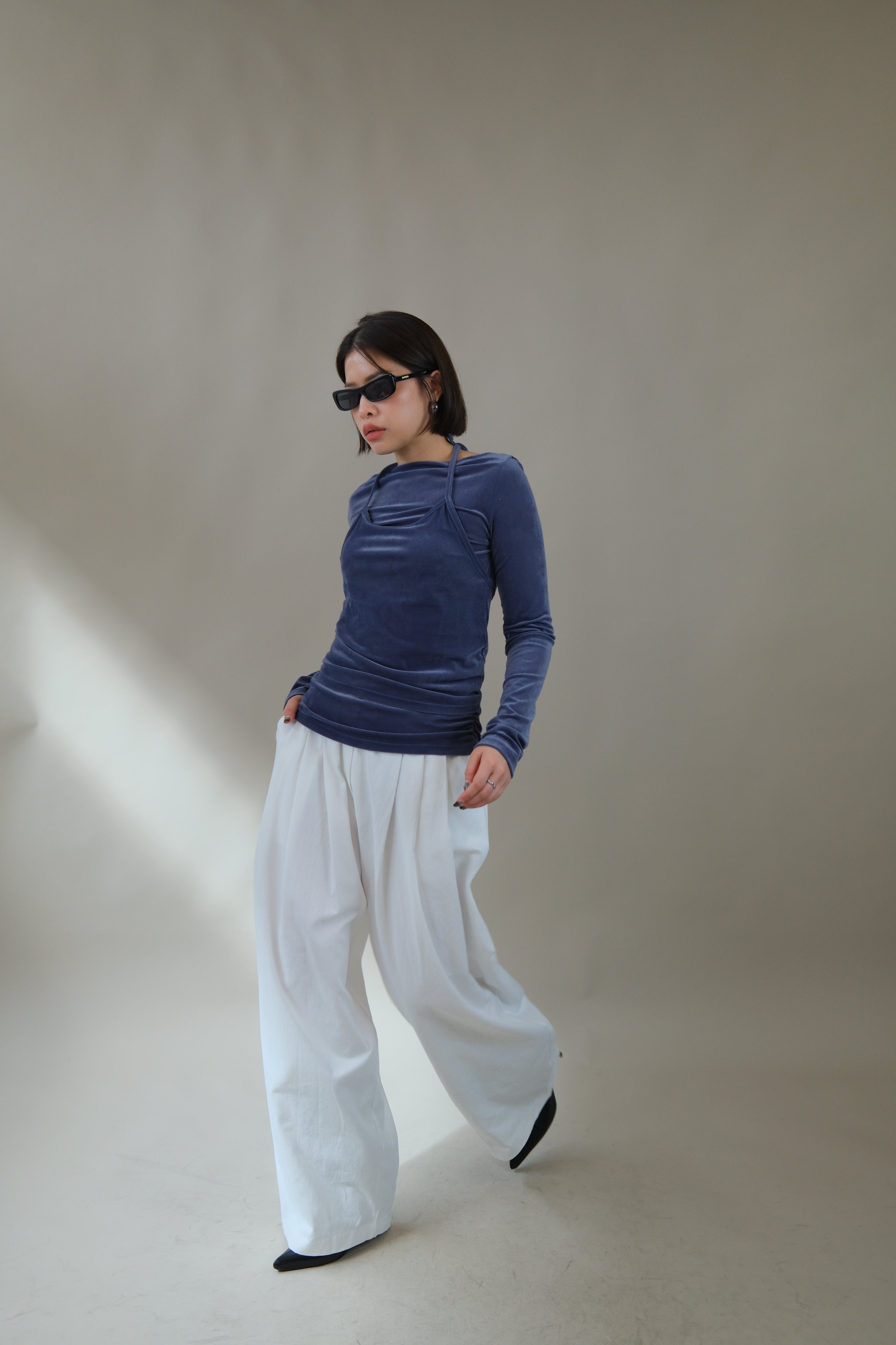 boat neck velvet long-sleeve tee (halter top set)