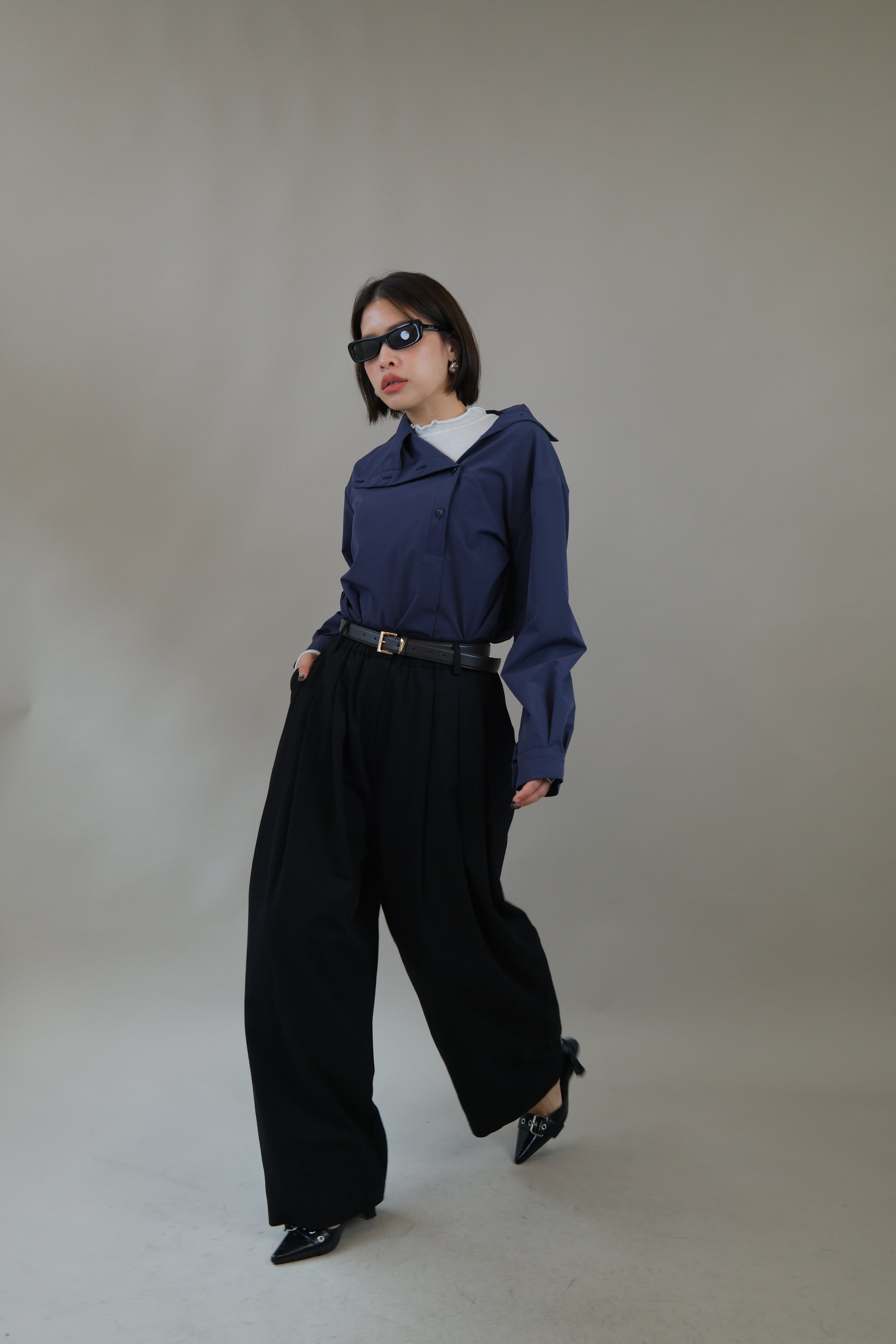 Funnel neck asym button blouse