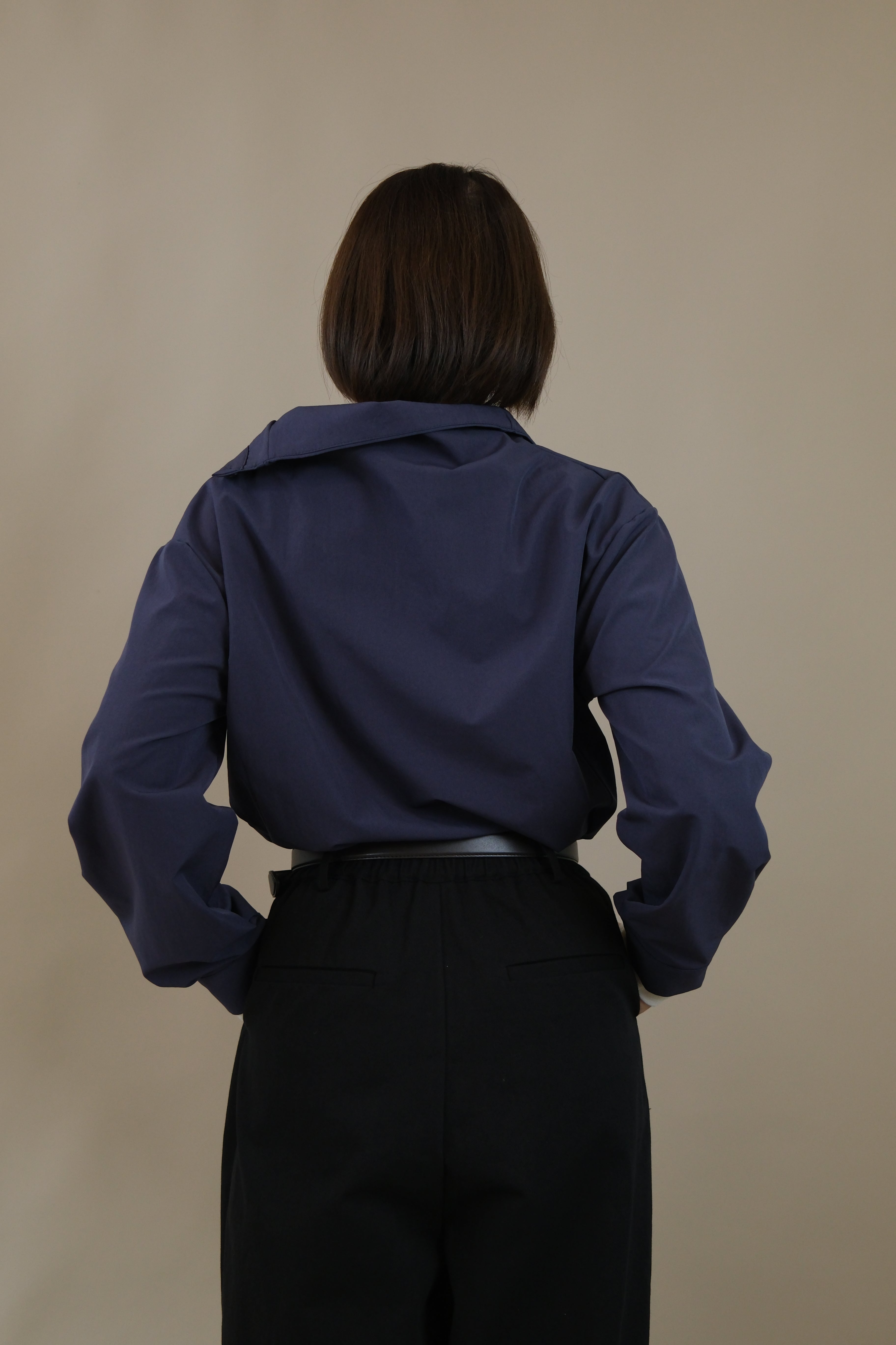 Funnel neck asym button blouse