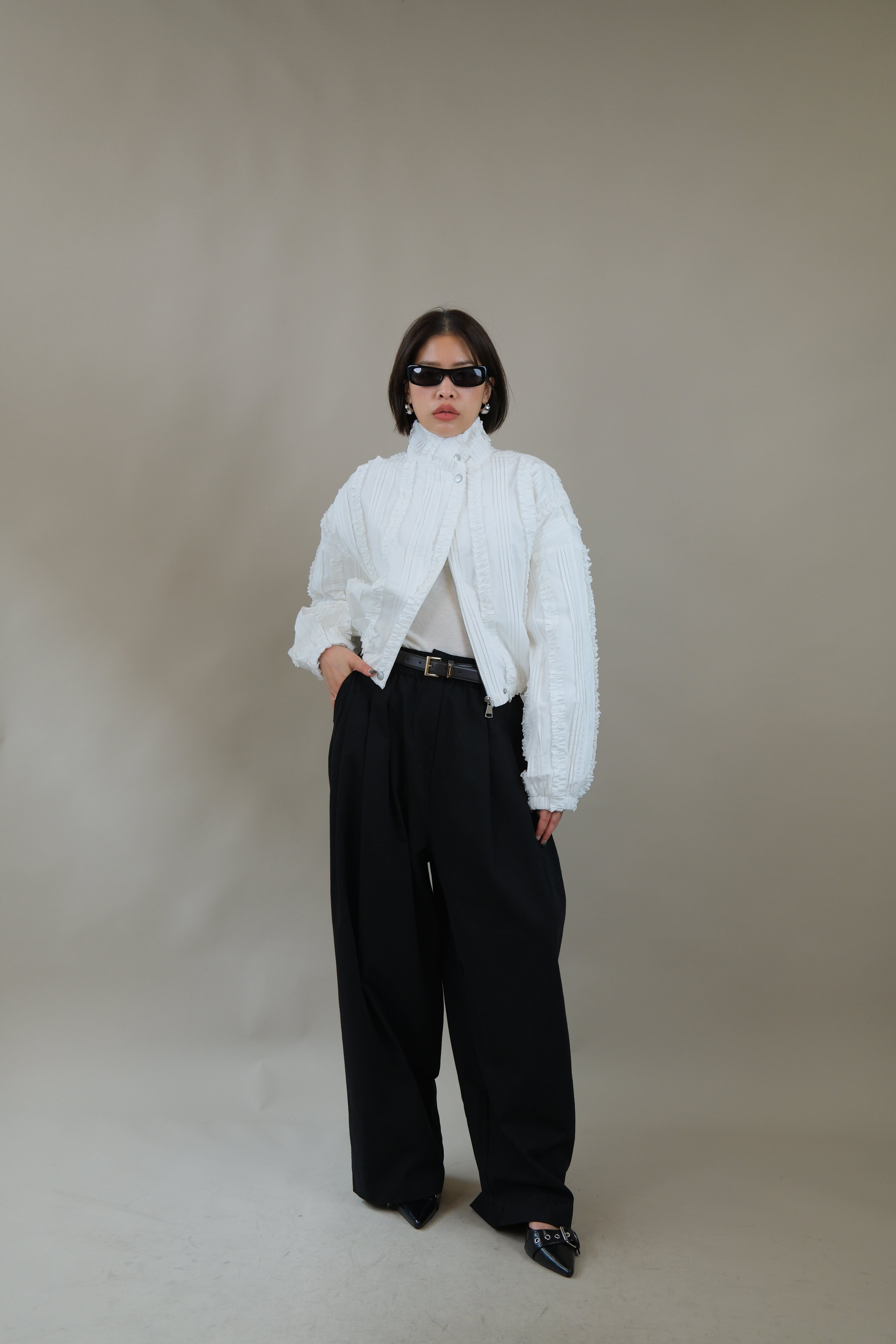 Ella ruffle bomber jacket