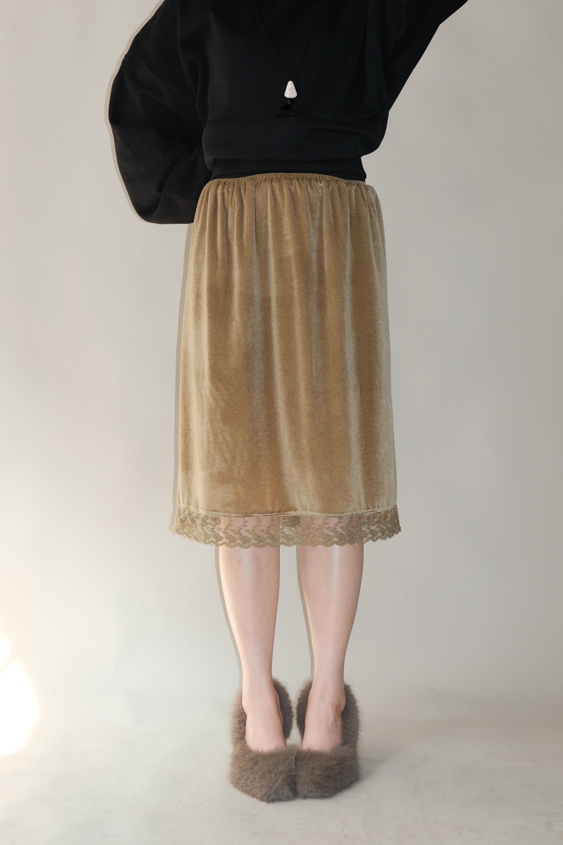 lace trim velvet midi skirt