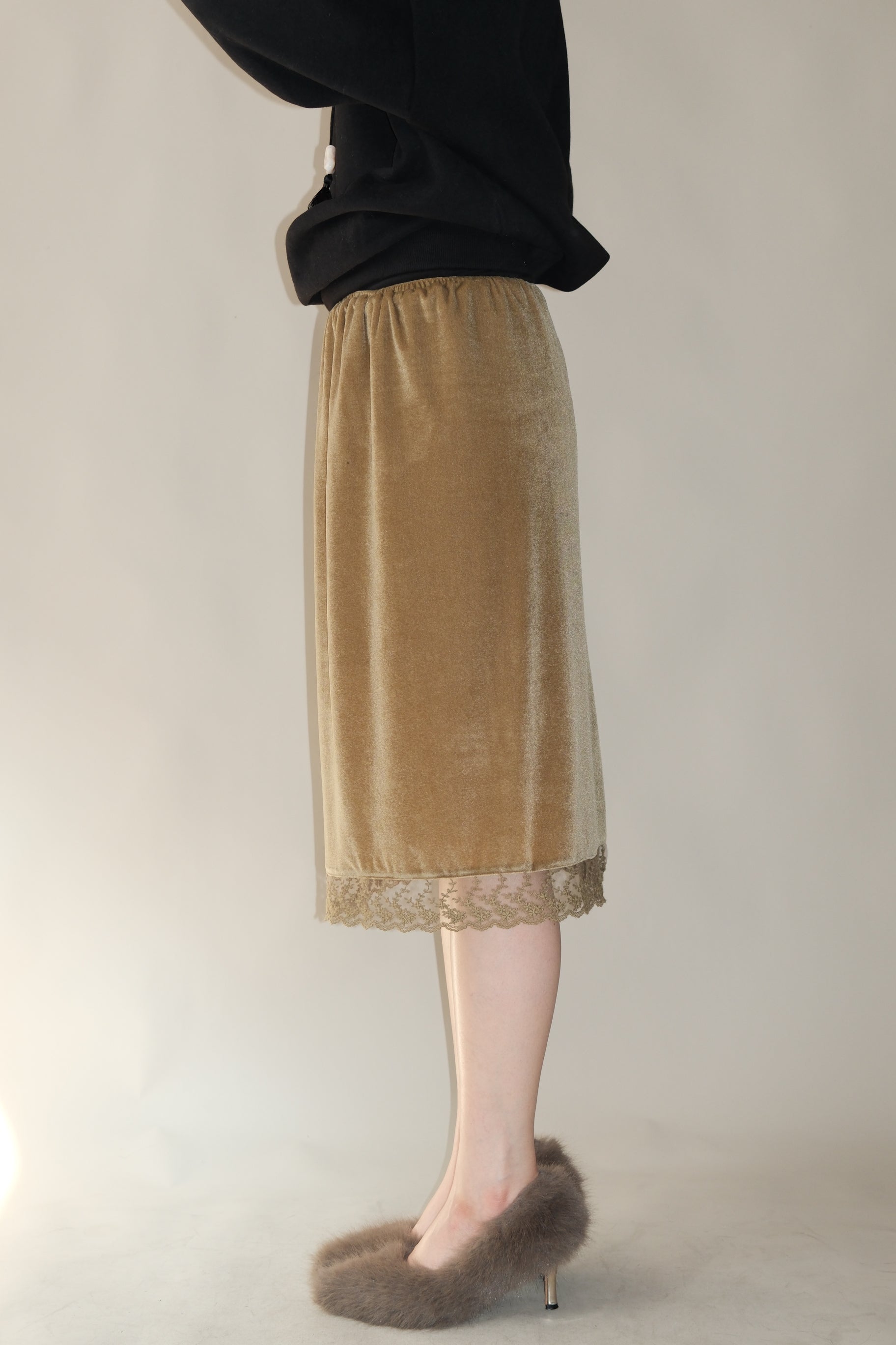 lace trim velvet midi skirt