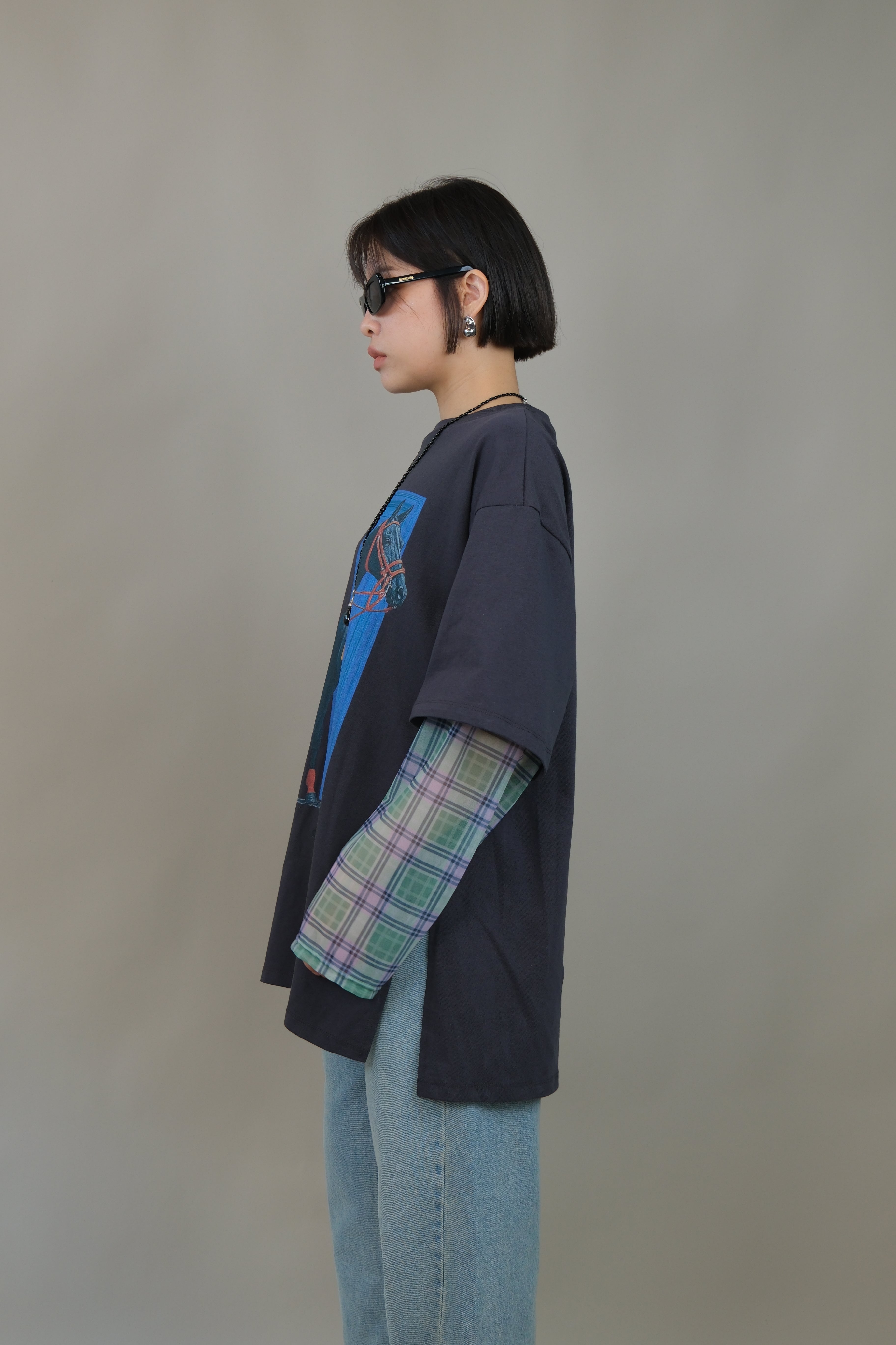 Horse print double sleeve boxy tee