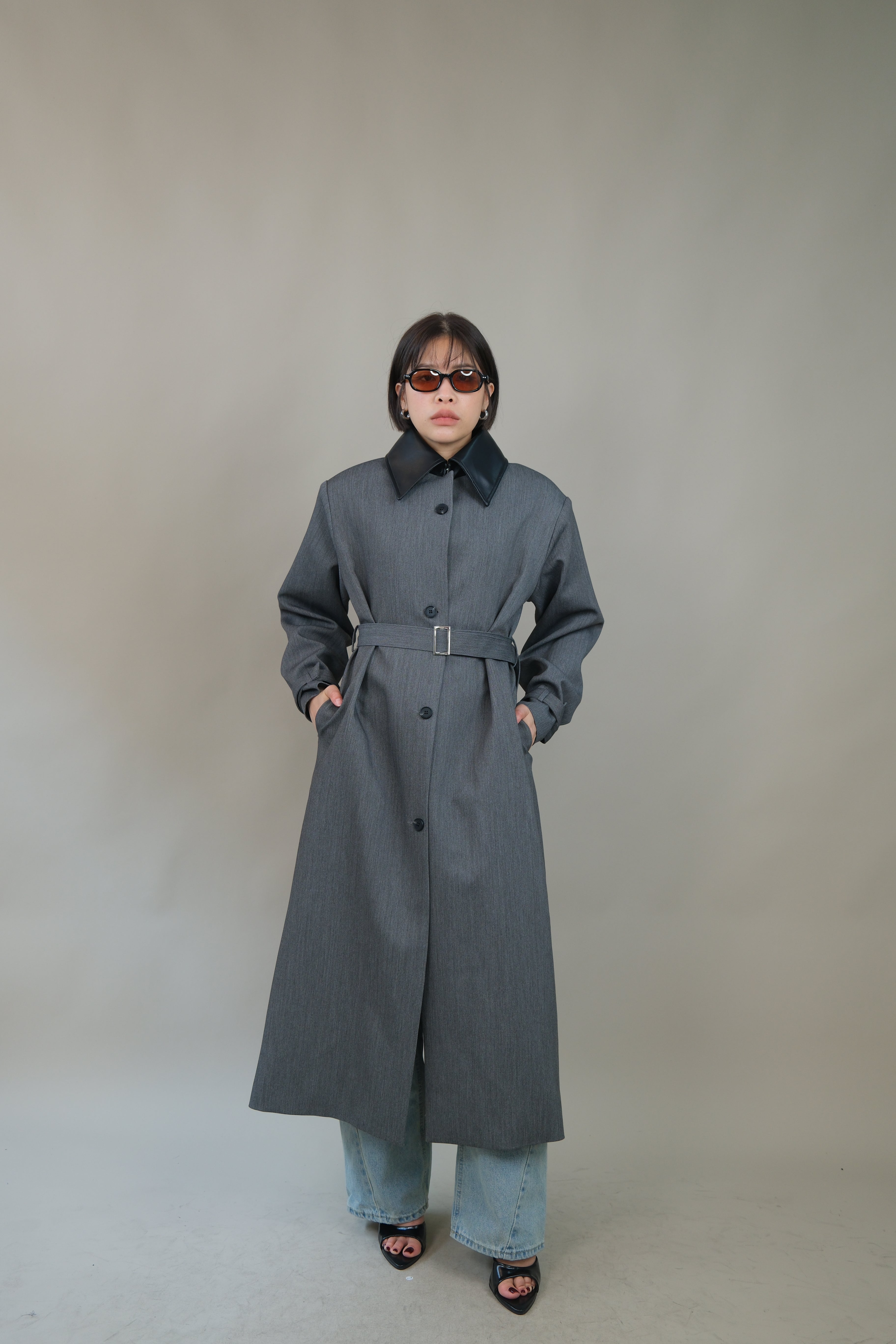 Kate Leather collar Sculpt Belted Long Coat