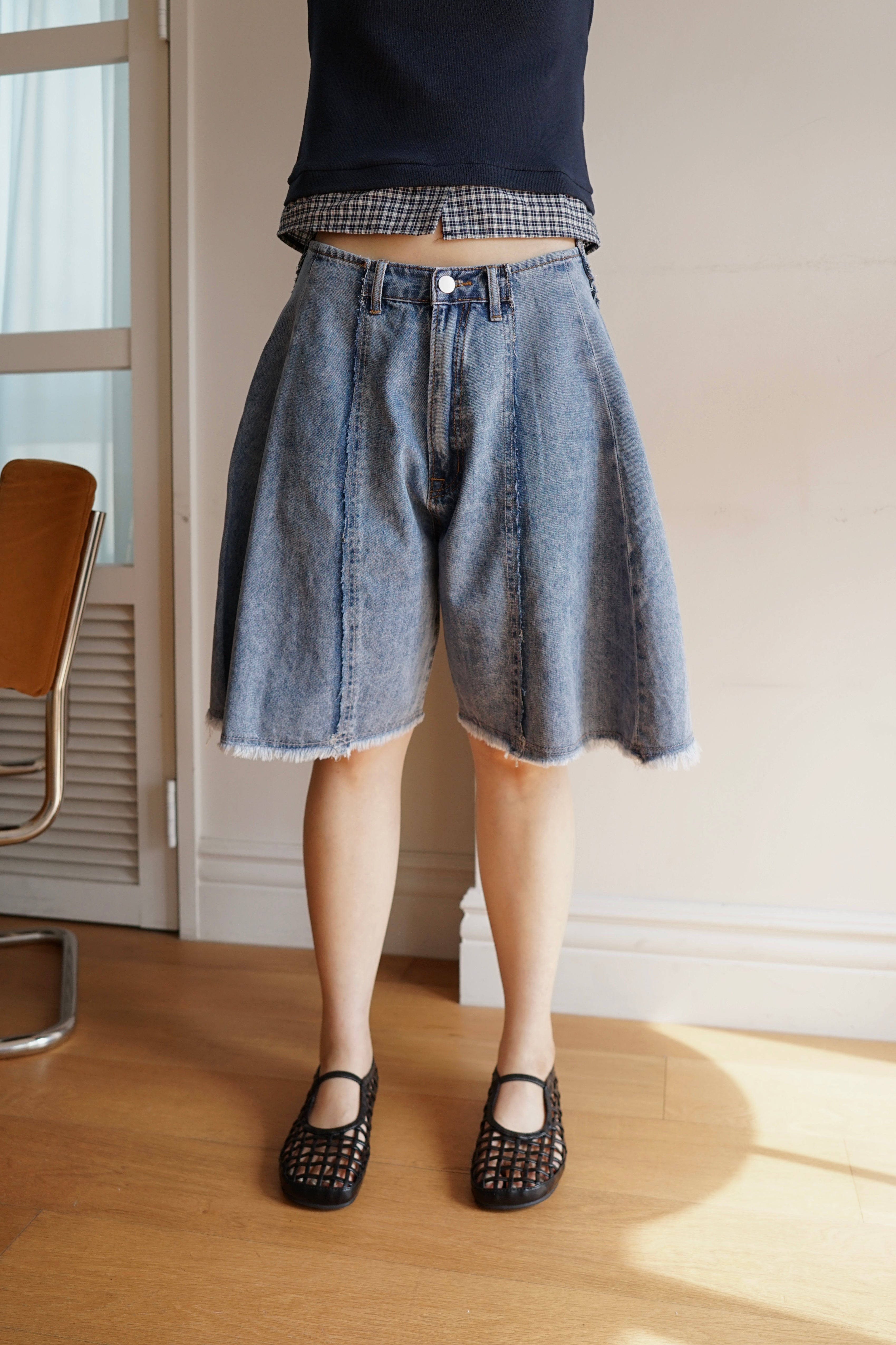 patchwork wide leg denim shorts