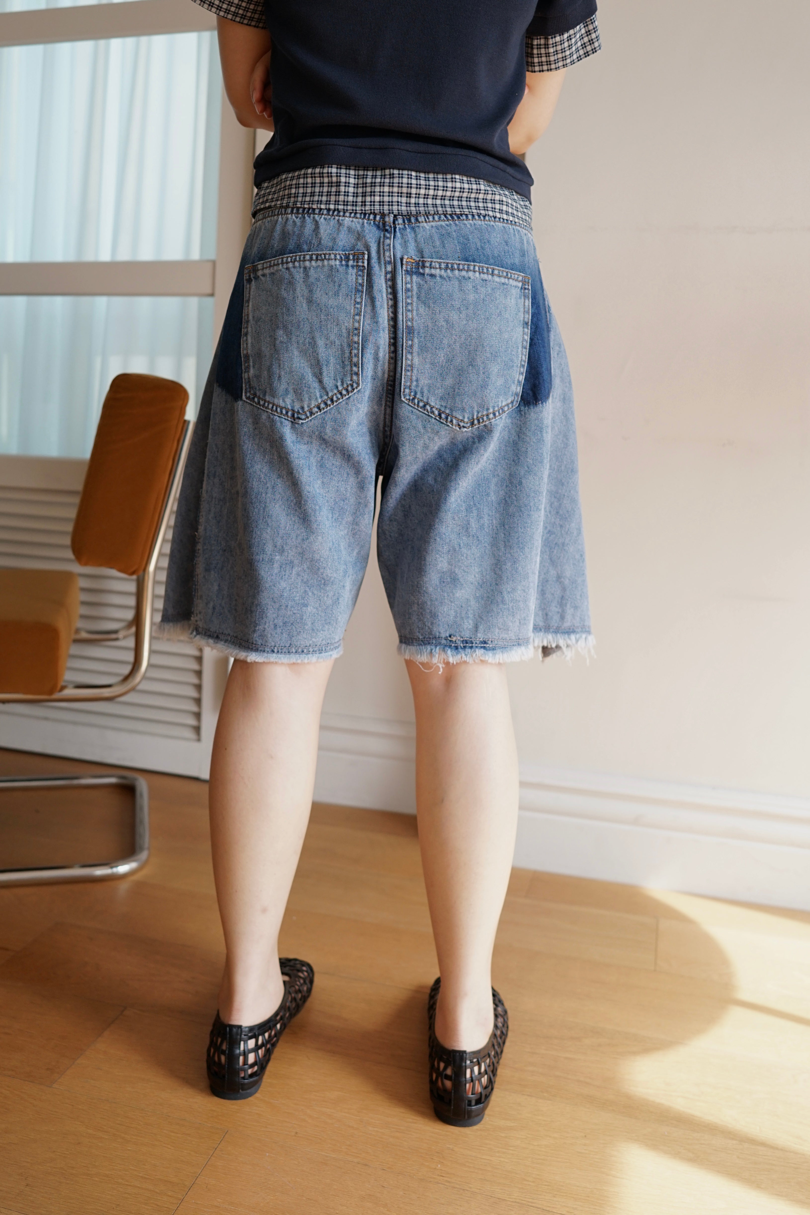patchwork wide leg denim shorts