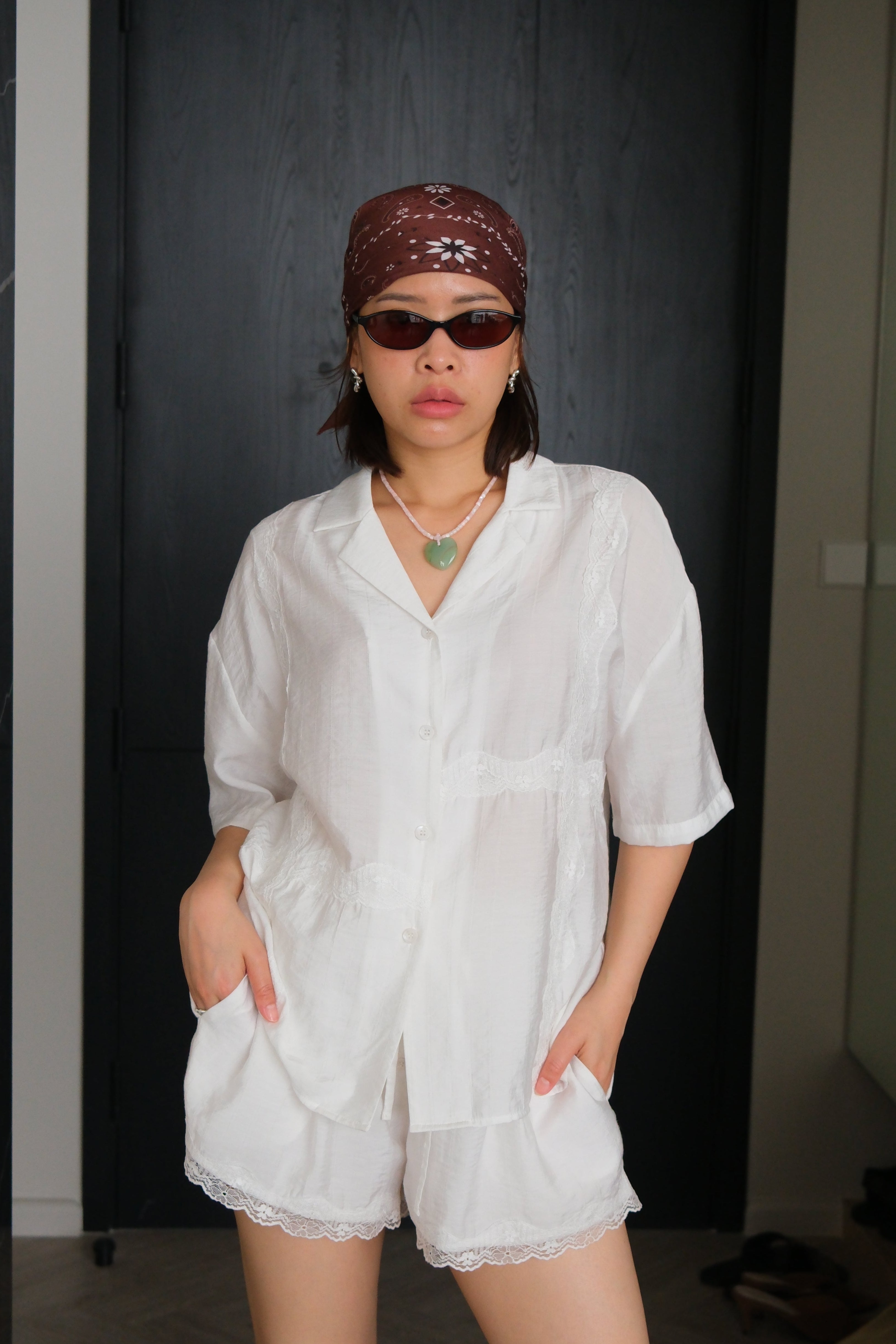 Lace satin open collar shirt