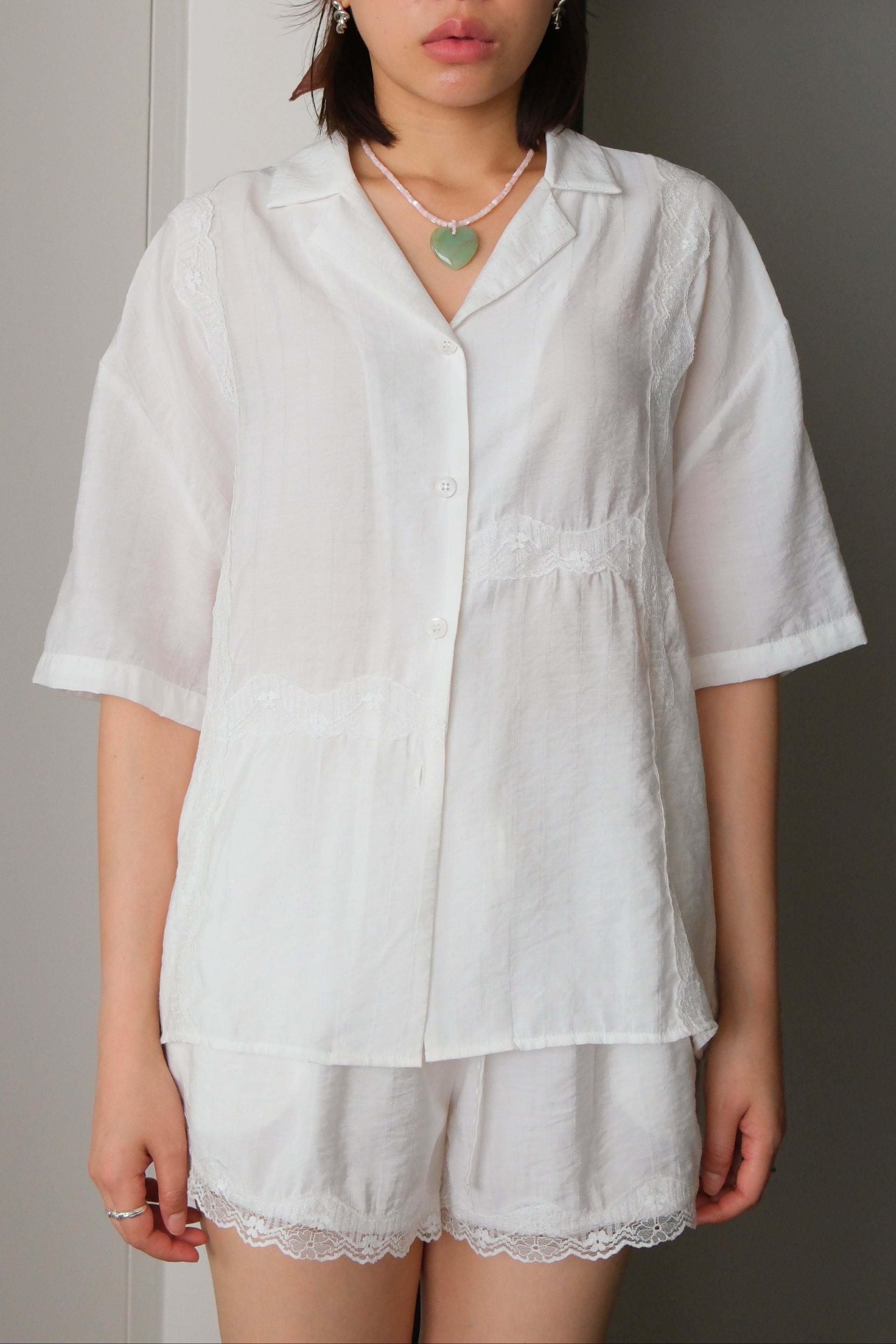 Lace satin open collar shirt