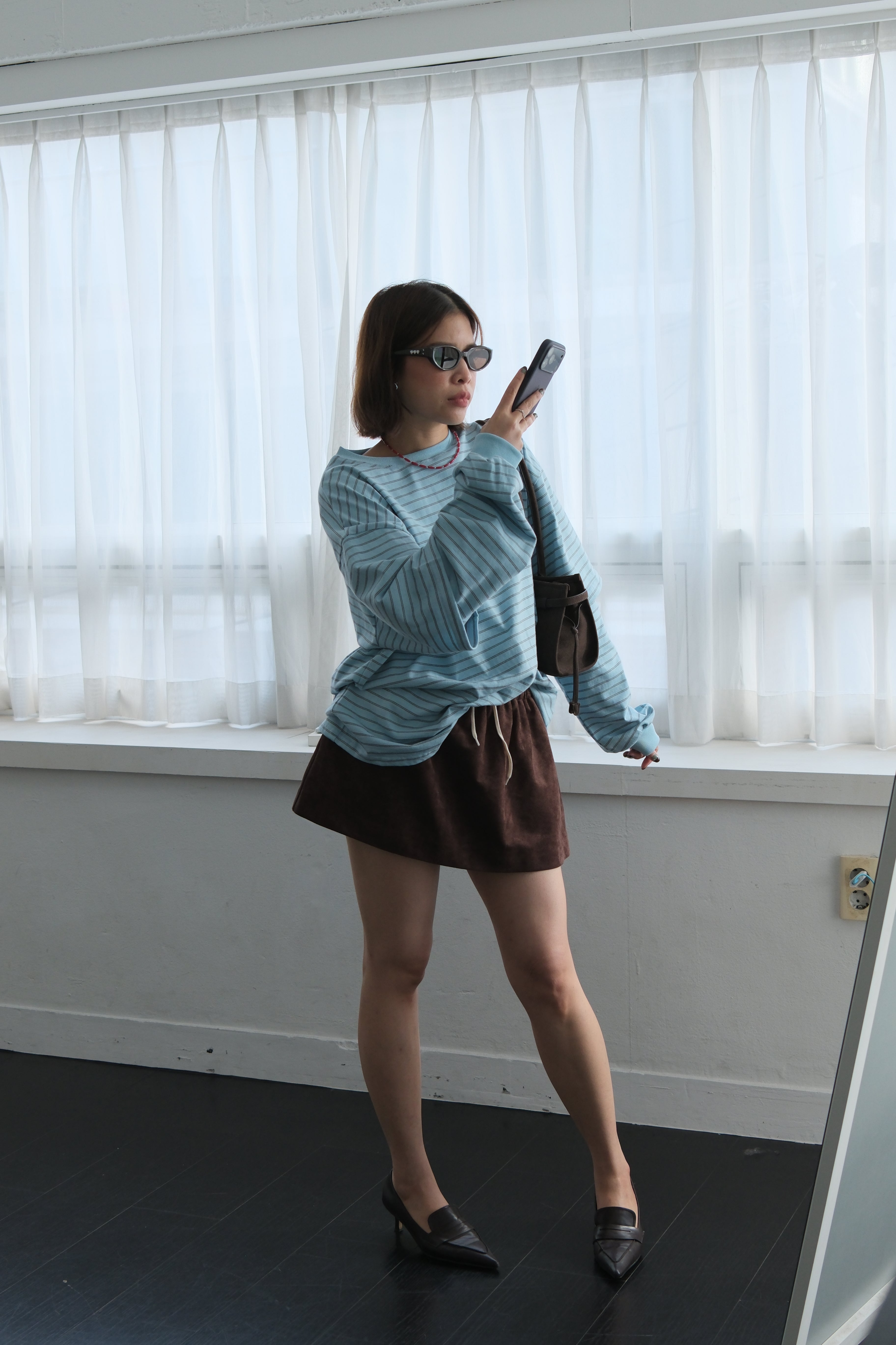 Faux suede drawstring mini skirt