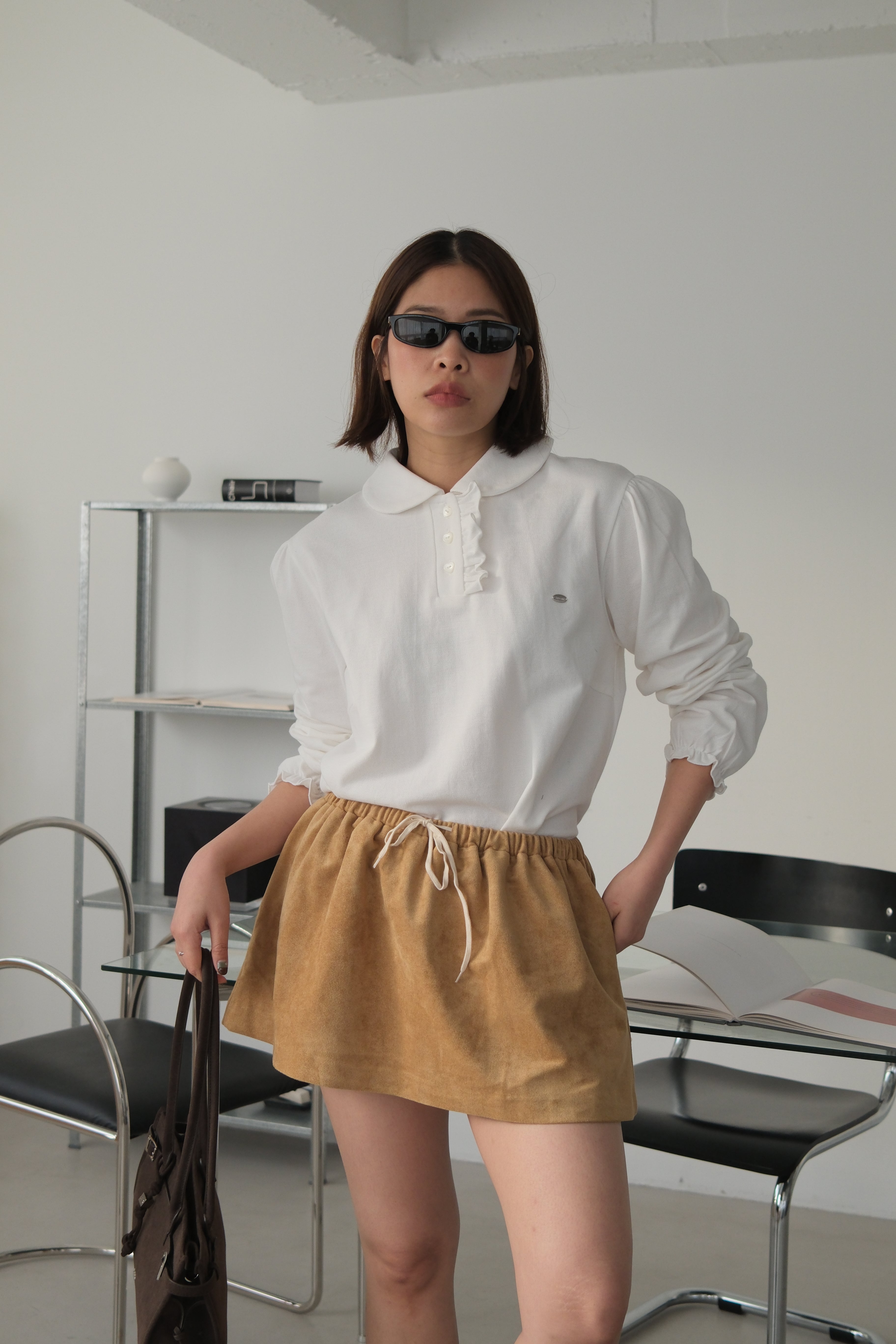 Faux suede drawstring mini skirt