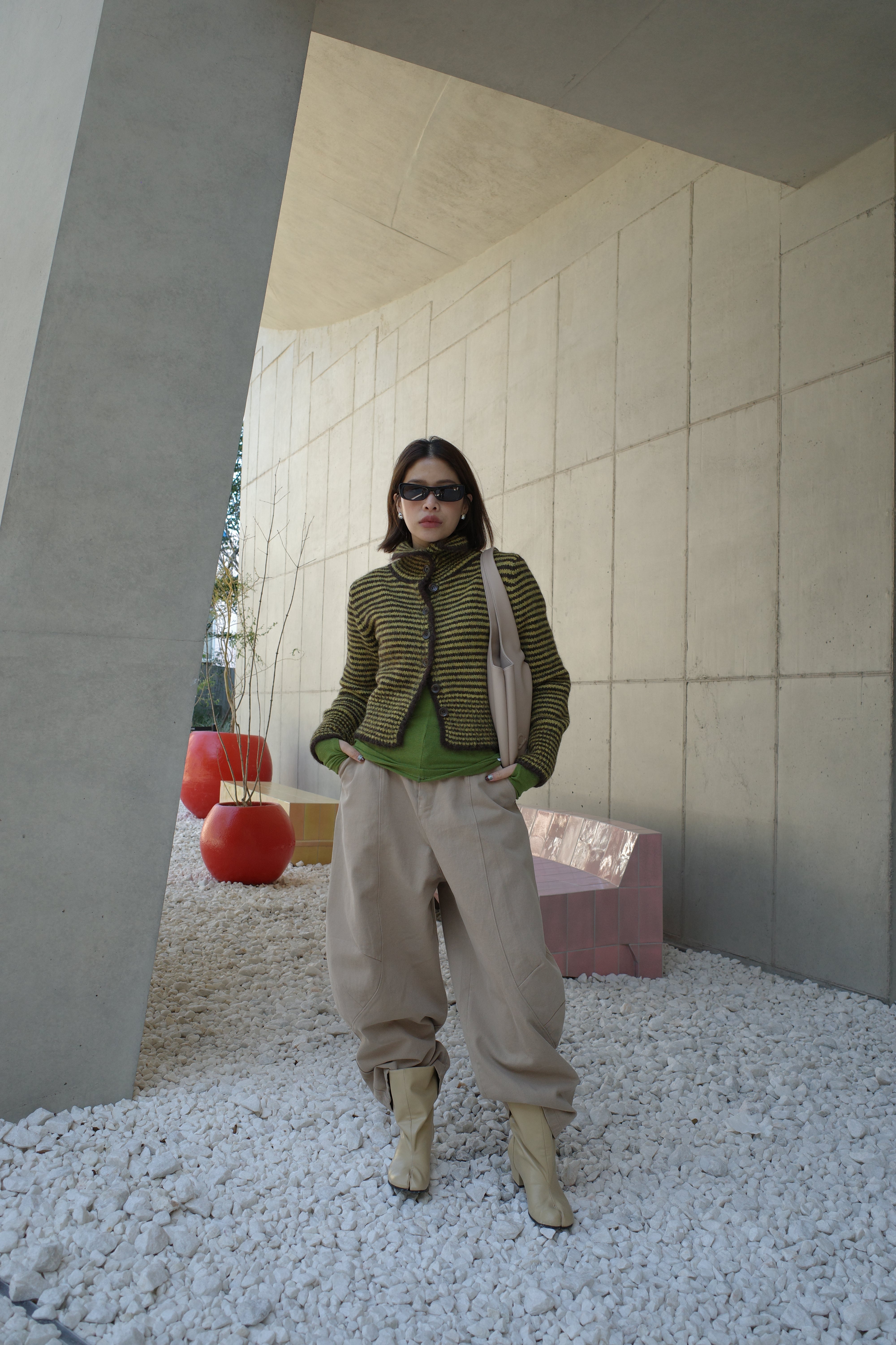 striped high-neck Fluffy cardigan