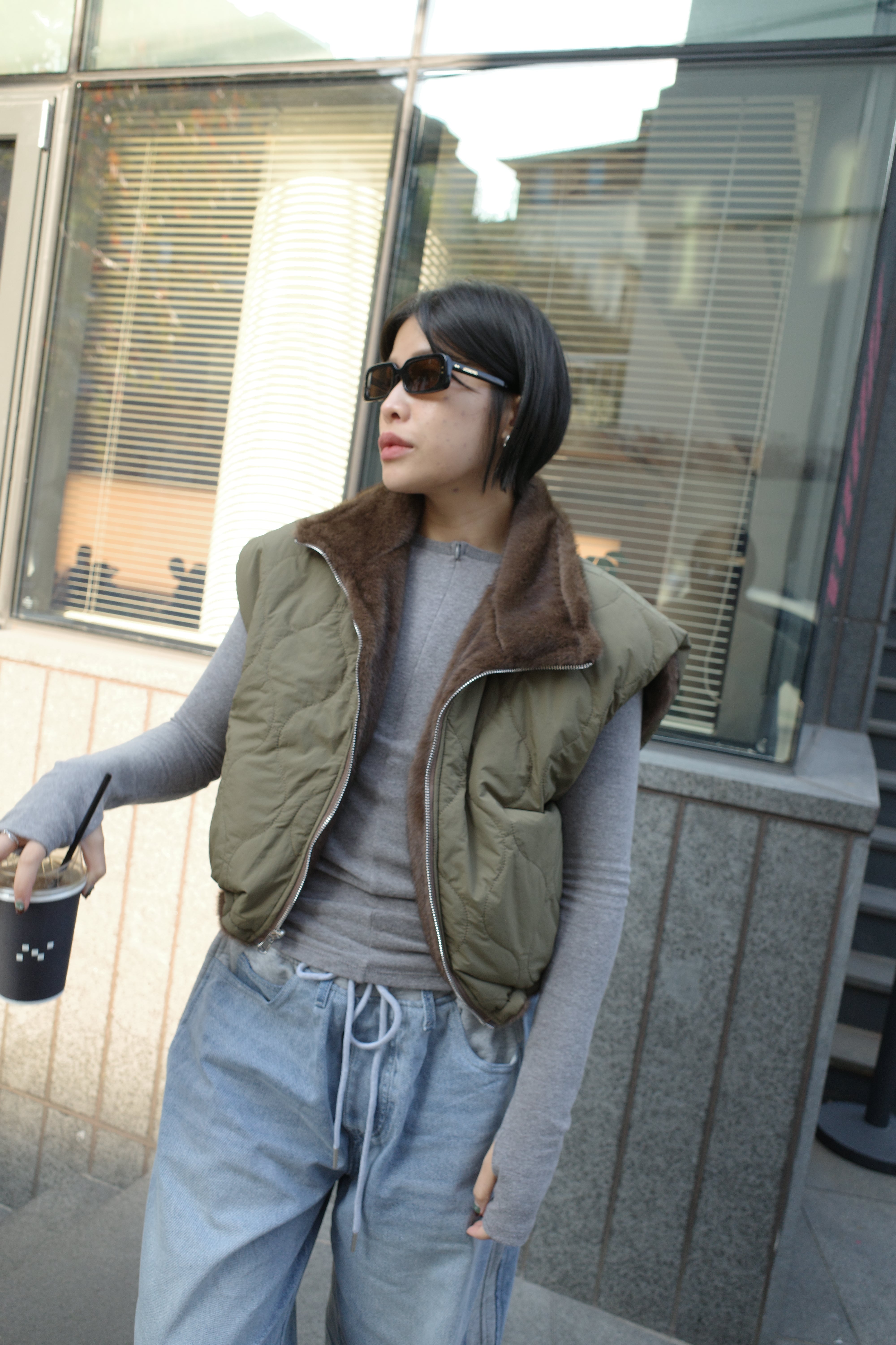 Monki Fluffy reversible quilted crop jacket