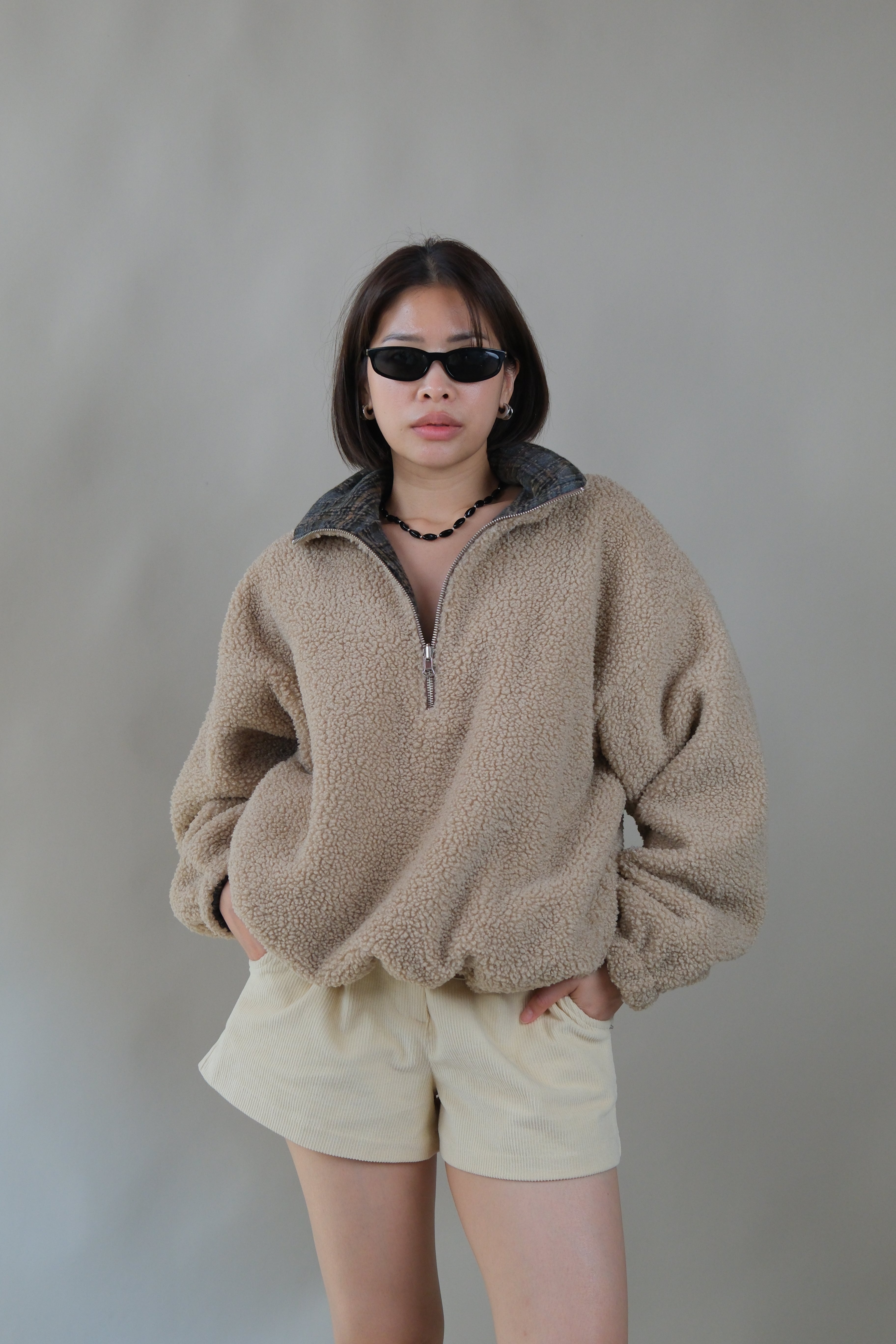 reversible teddy pullover