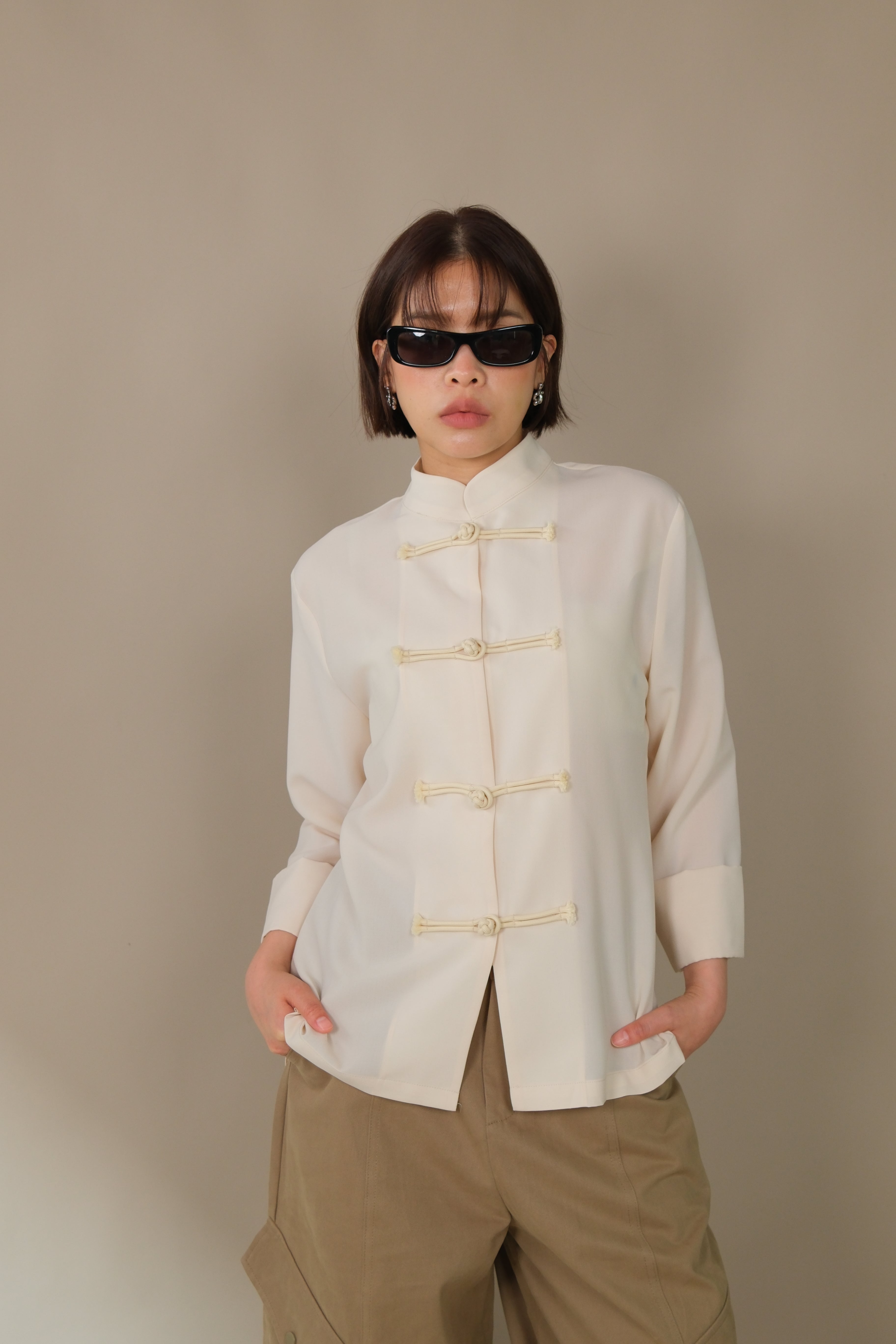 Mandarin collar silky shirt