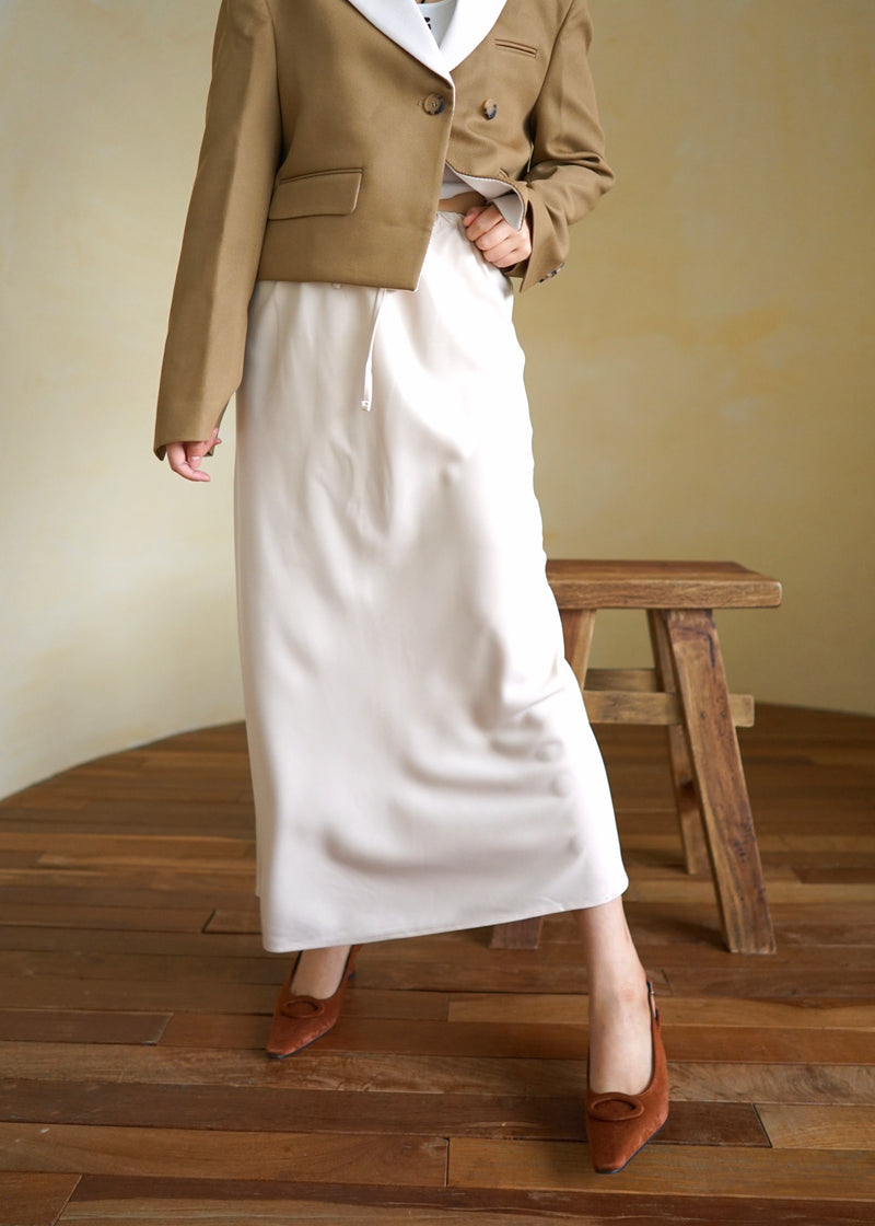 drawstring waist satin maxi skirt